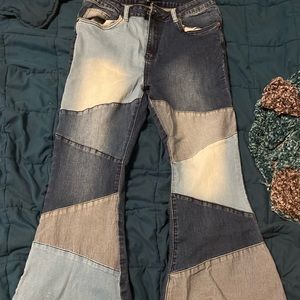 Color patch bell bottoms from Fashion Nova, hems cut to better fit my leg length